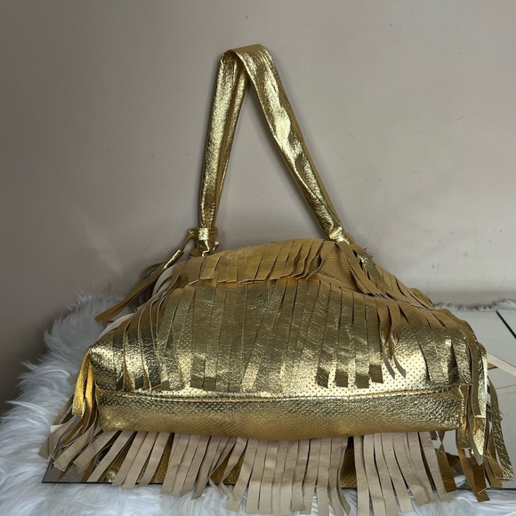 GOLDENBLEU Gold Genuine Leather Fringe Handbag - Picture 9 of 16